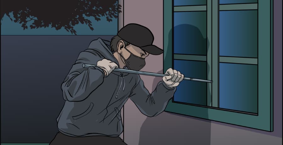 Illustration of burglar forcing entry through a window in Houston