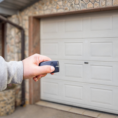 Houston security key fob pointing to a garage door